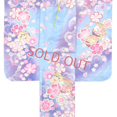 画像3: 七五三 着物 7歳 セット 幻想的な柄の子供着物 結び帯コーデセット(合繊)【ファンタジー・ブルー、鈴と桜】
