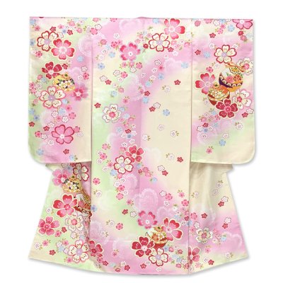 画像2: 七五三 着物 フルセット 7歳 女の子 絵羽柄 子供着物 結び帯セット 合繊【ファンタジー・パステルクリーム】