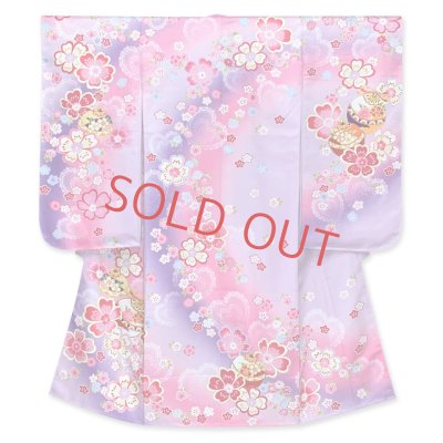 画像2: 七五三 着物 フルセット 7歳 女の子 絵羽柄 子供着物 結び帯セット 合繊【ファンタジー・ライトパープル】