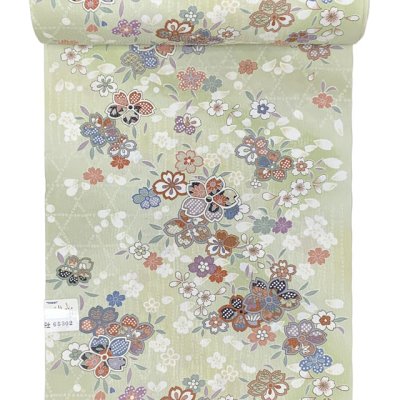 画像2: 【アウトレット 美品】 反物 小紋 生地反物 東レ シルック ポリエステル 未仕立て ポリエステル 綸子【薄抹茶色、古典桜】