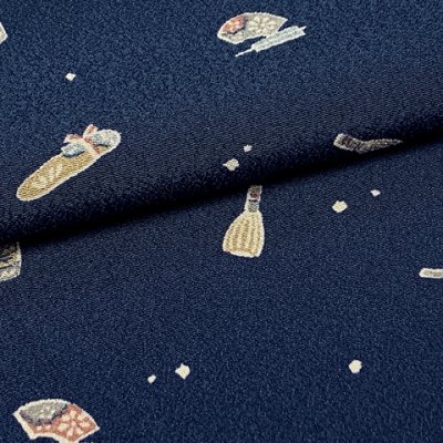 画像4: 【アウトレット 美品】 反物 小紋 生地反物 東レ シルック ポリエステル 未仕立て ポリエステル 綸子【紺色、お茶道具柄】