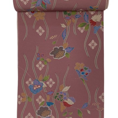 画像2: 【アウトレット 美品】 反物 小紋 生地反物 東レ シルック ポリエステル 未仕立て ポリエステル 綸子【オールドローズ系、立涌に草花】