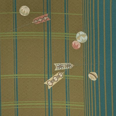 画像3: 【アウトレット 美品】 反物 小紋 生地反物 東レ シルック ポリエステル 未仕立て ポリエステル 綸子【カーキ系、鞠に矢羽】