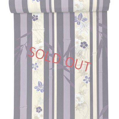 画像2: 反物 小紋 生地反物 ポリエステル 未仕立て 合繊 塩瀬生地【紫ｘ生成り、竹に花】