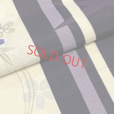 画像4: 反物 小紋 生地反物 ポリエステル 未仕立て 合繊 塩瀬生地【紫ｘ生成り、竹に花】