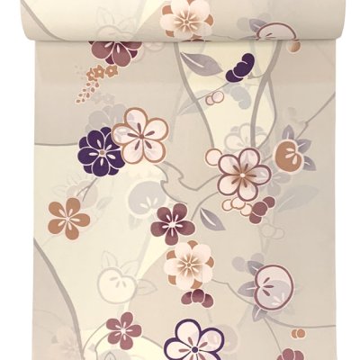 画像2: 反物 小紋 生地反物 ポリエステル 未仕立て 合繊 ちりめん風生地【ベージュ系、梅】