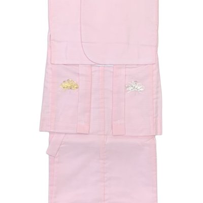 画像2: 【アウトレット 美品】ベビー着物 夏用 赤ちゃんのきもの 女の子 絽の一つ身 袖なしちゃんちゃんこセット 夏場のお食い初め 誕生日のお祝い【ピンク、鶴と扇】