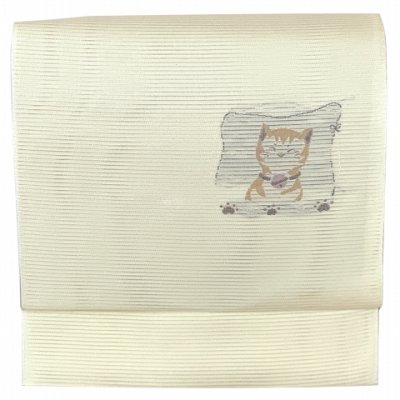 画像2: 軽装帯 夏帯 合繊 絽 お太鼓 作り帯 お太鼓結び 付帯【生成り、猫】