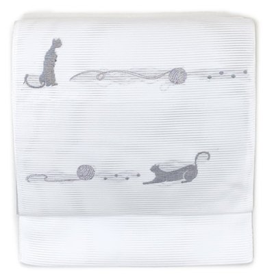 画像3: 軽装帯 夏帯 合繊 絽 お太鼓 作り帯 お太鼓結び 付帯【オフホワイト、猫と毛糸】