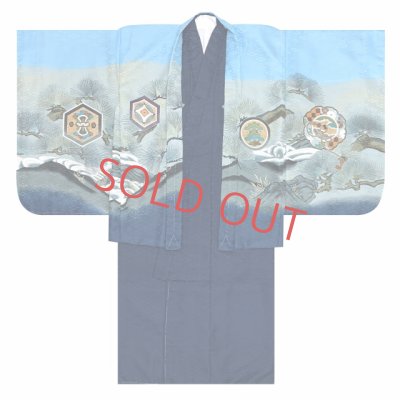 画像2: 七五三 5歳 男の子 着物フルセット 羽織 着物に金襴袴セット【水色、鷹と松・石清水】