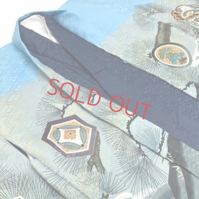 画像3: 七五三 5歳 男の子 着物フルセット 羽織 着物に金襴袴セット【水色、鷹と松・石清水】