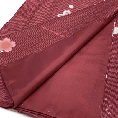 画像4: 洗える着物 小紋 袷 コーディネートセット レディース着物と半幅帯作り帯セット 袷 Lサイズ 肌着付き【赤系、桜とうさぎ】