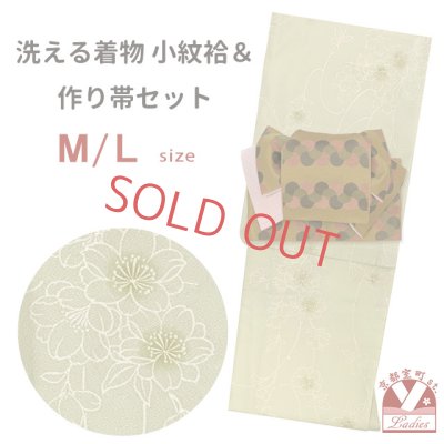 画像1: 洗える着物 小紋 袷 コーディネートセット レディース着物と半幅帯作り帯2点セット 袷M/Lサイズ【淡黄緑系、八重桜】