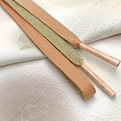 画像2: 帯揚げ 帯締め セット 礼装用 正絹 丹後ちりめんの帯上げ＆金箔糸使用の平組帯〆【スキンベージュ系、宝】