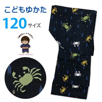 画像1: 子供浴衣 男の子 変わり織 キッズ浴衣 120サイズ【黒地、蟹と矢羽】