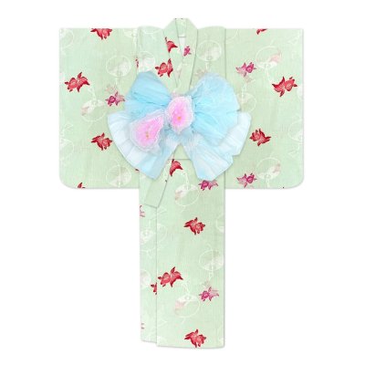 画像2: 子供浴衣セット 女の子浴衣とへこ帯 2点セット 100/110/120サイズ【淡黄緑、金魚と風鈴】