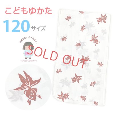 画像1: 女の子 女児浴衣 キッズ浴衣 120サイズ こどもゆかた レトロ シンプル お祭りに【白系、金魚】