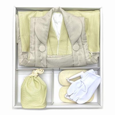 画像9: 七五三 着物 3歳 男児 シンプル＆モダン 被布セット 合繊 フルセット 着物と被布コートセット【ベージュ系ｘ淡黄色】