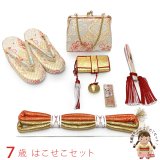 七五三 はこせこセット 草履(21cm) バッグ 筥迫 帯締め 扇子 平簪 7歳 女の子【白銀系、華様紋】