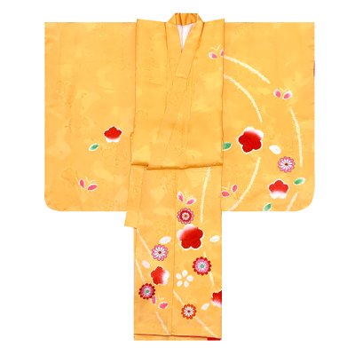 画像3: 七五三 着物 3歳 女の子 正絹 絵羽柄 本絞り 総刺繍 三ツ身の子供着物 着物のみ【黄色、梅と蝶】