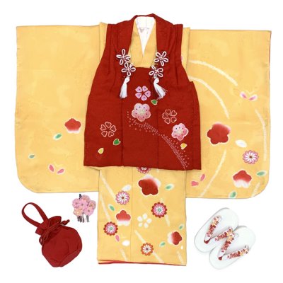 画像4: 七五三 着物 3歳 正絹 フルセット 女の子 本絞り 絵羽柄の着物 被布セット【赤ｘ黄色、梅】