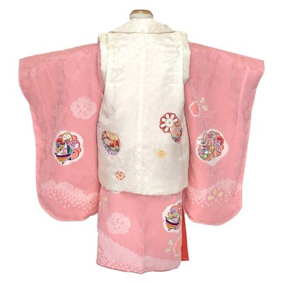 画像3: 七五三 着物 3歳 正絹 フルセット 女の子 友禅 絵羽柄の着物 被布セット【白系ｘピンク】