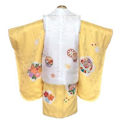 画像3: 七五三 着物 3歳 正絹 フルセット 女の子 友禅 絵羽柄の着物 被布セット【白ｘ黄色、鞠】