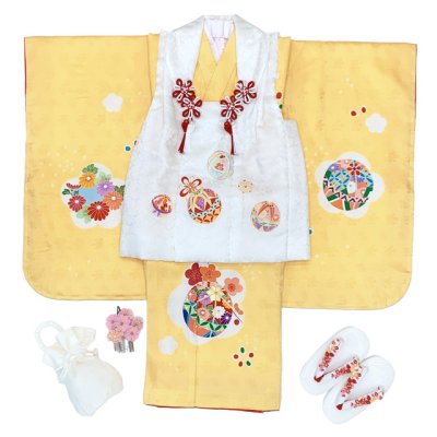 画像4: 七五三 着物 3歳 正絹 フルセット 女の子 友禅 絵羽柄の着物 被布セット【白ｘ黄色、鞠】