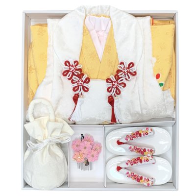 画像10: 七五三 着物 3歳 正絹 フルセット 女の子 友禅 絵羽柄の着物 被布セット【白ｘ黄色、鞠】