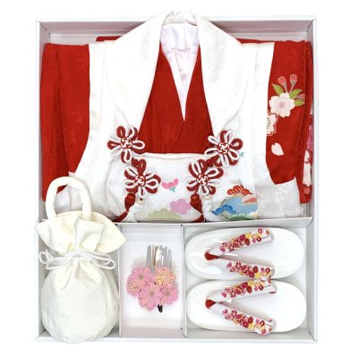 画像10: 七五三 着物 3歳 正絹 フルセット 女の子 友禅 絵羽柄の着物 被布セット【紅白、松竹梅と桜】