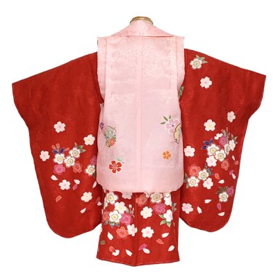 画像3: 七五三 着物 3歳 正絹 フルセット 女の子 友禅 絵羽柄の着物 被布セット【ピンクｘ赤、鞠と桜】