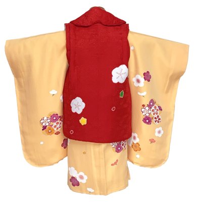 画像3: 【ちょっと訳あり品】七五三 着物 3歳 正絹 フルセット 女の子 友禅 絵羽柄の着物 被布セット【赤ｘ黄色、梅】