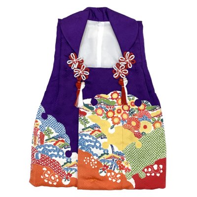 画像5: 七五三 着物 3歳 正絹 フルセット 女の子 和染紅型 被布コートと本絞り総刺繍柄の着物 被布セット【紫ｘ山吹、京紅型】