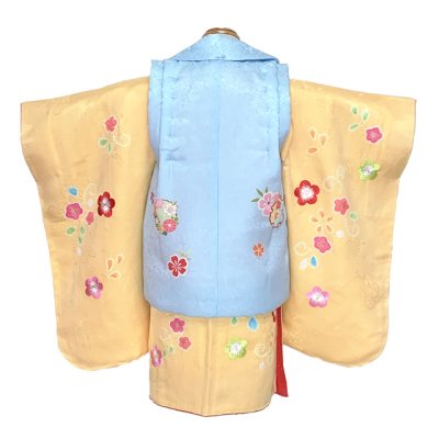 画像3: 七五三 着物 3歳 正絹 フルセット 女の子 友禅 本絞りの着物 被布セット【水色ｘ黄色、雪輪と桜】