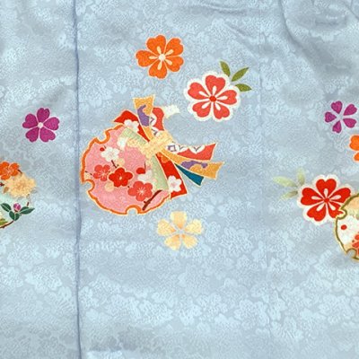 画像6: 七五三 着物 3歳 正絹 フルセット 女の子 友禅 本絞りの着物 被布セット【水色ｘ黄色、雪輪と桜】