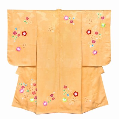 画像2: 七五三 着物 3歳 女の子 フルセット 正絹 本絞り　刺繍柄 三つ身の絵羽着物 小寸結び帯・小物セット【黄色、辻が花風】