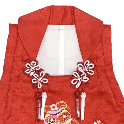 画像4: 【アウトレット 美品】 被布 単品 七五三 3歳 女の子 表地正絹 友禅 被布コート【赤系、鈴と雪輪】