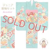 ジュニア振袖セット 正絹 友禅 絵羽柄の振袖 比翼仕立て 140サイズ 西陣織の袋帯 その他小物6点セット 成人式 お正月 十三詣りに【浅葱色、橘】