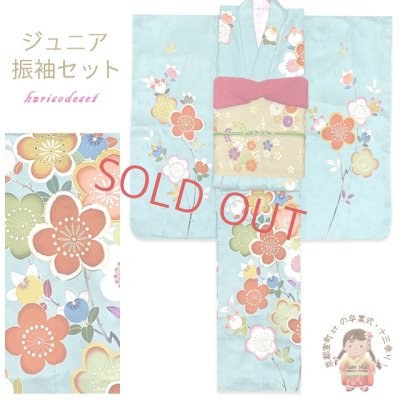 画像1: ジュニア振袖セット 正絹 友禅 絵羽柄の振袖 比翼仕立て 140サイズ 正絹袋帯 その他小物6点セット 成人式 お正月 十三詣りに【水色、桜】