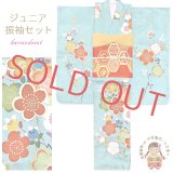 ジュニア絵羽振袖6点セット 正絹 友禅 絵羽柄の振袖 比翼仕立て 140サイズ 桐生織の袋帯 その他小物セット 成人式 お正月 十三詣りに【水色、桜】