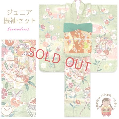 画像1: ジュニア絵羽振袖6点セット 正絹 友禅 絵羽柄の振袖 比翼仕立て 140サイズ 桐生織の袋帯 その他小物セット 成人式 お正月 十三詣りに【ひわ色(黄緑)、貝桶】