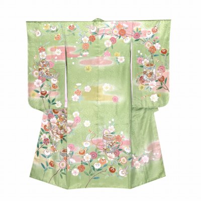 画像2: 七五三 7歳 大きめ 女の子 着物 正絹 ハーフ成人式 小学生 振袖 子供 長襦袢付き 高級 大四つ身 比翼仕立て  購入【鶸色（黄緑）、貝桶】