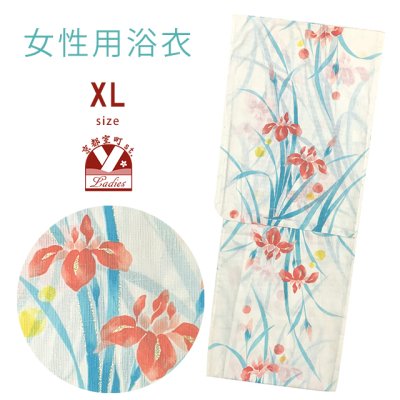 画像1: 綿麻浴衣 レディース XLサイズ 高身長向け 大きめサイズ ゆかた【生成り、菖蒲】