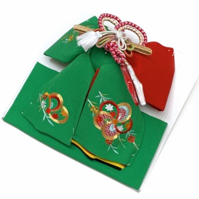 画像2: ≪アウトレット 美品≫七五三 結び帯 正絹 ちりめん生地 刺繍柄作り帯 中寸 数え7歳 5歳【緑、ねじ梅と柳】