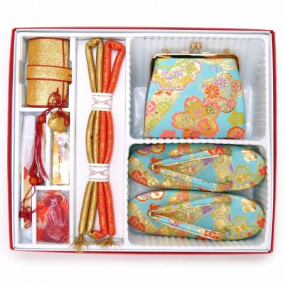 画像8: 七五三 結び帯 箱せこセット 金襴生地 ペアセット 7歳用(大寸)、5歳用(中寸)合繊【水色、桜と梅】