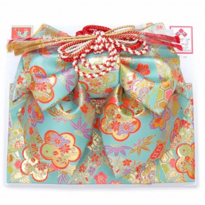 画像9: 七五三 結び帯 箱せこセット 金襴生地 ペアセット 7歳用(大寸)、5歳用(中寸)合繊【水色、桜と梅】