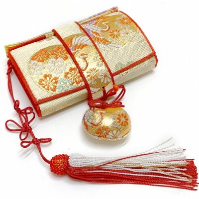 画像4: 七五三 結び帯 箱せこセット 金襴生地 ペアセット 7歳用(大寸)、5歳用(中寸)、3歳用(小寸) 合繊【シャンパンゴールド、家紋】