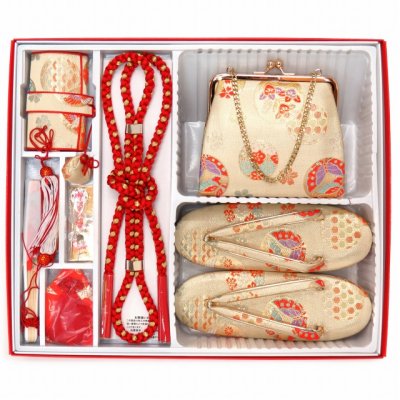 画像8: 七五三 結び帯 箱せこセット 金襴生地 ペアセット 7歳用(大寸)、5歳用(中寸)、3歳用(小寸) 合繊【シャンパンゴールド、家紋】