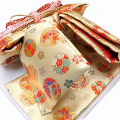画像10: 七五三 結び帯 箱せこセット 金襴生地 ペアセット 7歳用(大寸)、5歳用(中寸)、3歳用(小寸) 合繊【シャンパンゴールド、家紋】