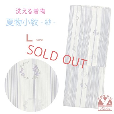 画像1: 洗える着物 小紋 紗 夏着物 単品 レディース 仕立て上がり 着物 Lサイズ【生成り、縦縞に花輪】